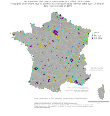 Part travaillant dans une autre commune de la même unité urbaine (renseignée uniquement pour les communes urbaines) chez les hommes actifs ayant un emploi - com2006
Mots-clés: lieu de travail;conditions de travail et d-emploi;sexe;hommes;communes