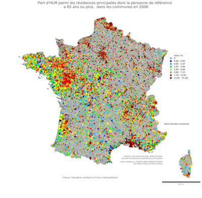 Part d'HLM parmi les résidences principales dont la personne de référence a 65 ans ou plus - com2006
Mots-clés: résidence et logement;âge;conditions d-existence;classes populaires;communes