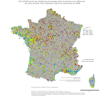 Part d'HLM parmi les résidences principales dont la personne de référence est sans activité, hors chômeurs - com2006
Mots-clés: résidence et logement;chômage;conditions d-existence;classes populaires;communes