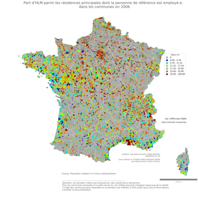 Part d'HLM parmi les résidences principales dont la personne de référence est employé.e - com2006
Mots-clés: résidence et logement;profession;conditions d-existence;classes populaires;communes