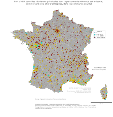 Part d'HLM parmi les résidences principales dont la personne de référence est artisan.e, commerçant.e ou chef d'entreprise - com2006
Mots-clés: résidence et logement;profession;conditions d-existence;classes populaires;fonction publique ou indépendance;communes