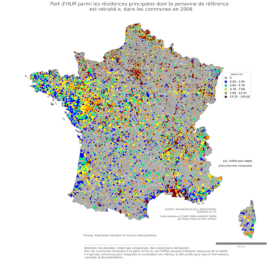 Part d'HLM parmi les résidences principales dont la personne de référence est retraité.e - com2006
Mots-clés: résidence et logement;âge;conditions d-existence;classes populaires;communes