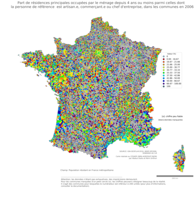 Part de résidences principales occupées par le ménage depuis 4 ans ou moins parmi celles dont la personne de référence est artisan.e, commerçant.e ou chef d'entreprise - com2006
Mots-clés: résidence et logement;profession;fonction publique ou indépendance;communes