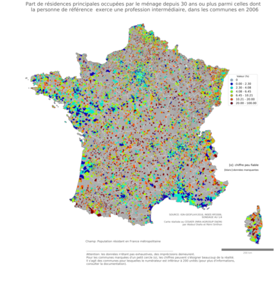 Part de résidences principales occupées par le ménage depuis 30 ans ou plus parmi celles dont la personne de référence exerce une profession intermédiaire - com2006
Mots-clés: résidence et logement;profession;communes