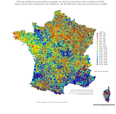 Part de résidences principales occupées en tant que locataire, hors meublés et HLM parmi celles dont la personne de référence a de 40 à 64 ans - com2006
Mots-clés: résidence et logement;âge;conditions d-existence;communes