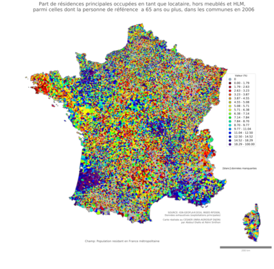 Part de résidences principales occupées en tant que locataire, hors meublés et HLM, parmi celles dont la personne de référence a 65 ans ou plus - com2006
Mots-clés: résidence et logement;âge;conditions d-existence;communes