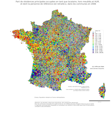 Part de résidences principales occupées en tant que locataire, hors meublés et HLM, et dont la personne de référence est retraité.e - com2006
Mots-clés: résidence et logement;âge;conditions d-existence;communes