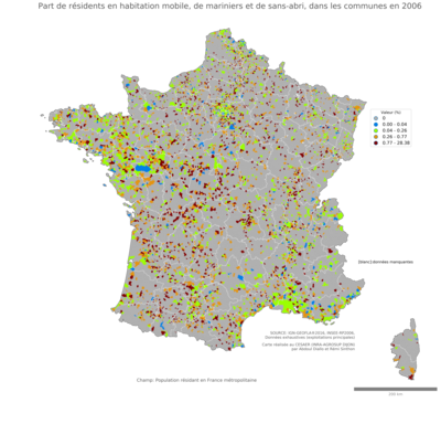 Part de résidents en habitation mobile, de mariniers et de sans'abri - com2006
Mots-clés: résidence et logement;conditions d-existence;classes populaires;communes