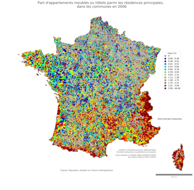 Part d'appartements meublés ou hôtels parmi les résidences principales - com2006
Mots-clés: résidence et logement;conditions d-existence;classes populaires;communes