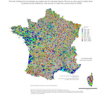 Part de résidences principales occupées par le ménage depuis 30 ans ou plus parmi celles dont la personne de référence est ouvrièr.e - com2006
Mots-clés: résidence et logement;profession;classes populaires;communes