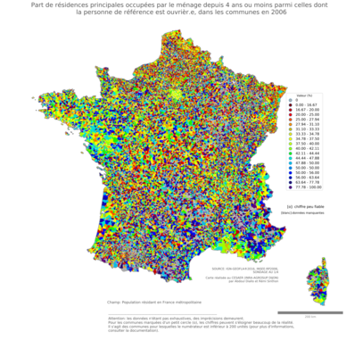 Part de résidences principales occupées par le ménage depuis 4 ans ou moins parmi celles dont la personne de référence est ouvrièr.e - com2006
Mots-clés: résidence et logement;profession;classes populaires;communes