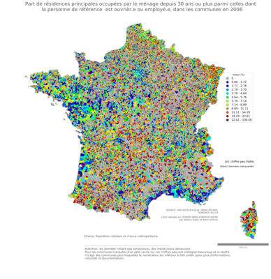 Part de résidences principales occupées par le ménage depuis 30 ans ou plus parmi celles dont la personne de référence est ouvrièr.e ou employé.e - com2006
Mots-clés: résidence et logement;profession;classes populaires;communes