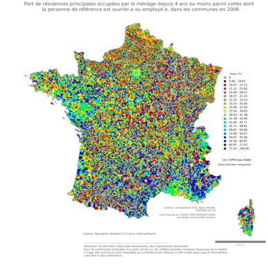 Part de résidences principales occupées par le ménage depuis 4 ans ou moins parmi celles dont la personne de référence est ouvrièr.e ou employé.e - com2006
Mots-clés: résidence et logement;profession;classes populaires;communes