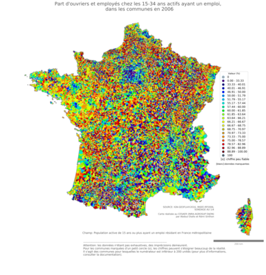 Part d'ouvriers et employés chez les 15'34 ans actifs ayant un emploi - com2006
Mots-clés: profession;âge;classes populaires;communes