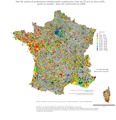 Part de cadres et professions intellectuelles supérieures chez les 55 ans ou plus actifs ayant un emploi - com2006
Mots-clés: profession;âge;classes supérieures;communes