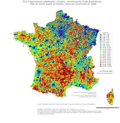 Part d'agriculteurs exploitants, artisans, commerçants, chefs d'entreprise chez les actifs ayant un emploi - com2006
Mots-clés: profession;sexe;femmes;fonction publique ou indépendance;communes