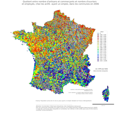 Quotient entre nombre d'artisans et commerçants et nombre d'ouvriers et employés, chez les actifs ayant un emploi - com2006
Mots-clés: profession;sexe;femmes;fonction publique ou indépendance;communes