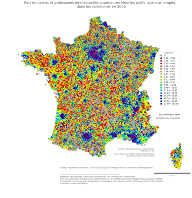 Part de cadres et professions intellectuelles supérieures chez les actifs ayant un emploi - com2006
Mots-clés: profession;sexe;femmes;classes supérieures;communes