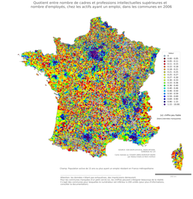 Quotient entre nombre de cadres et professions intellectuelles supérieures et nombre d'employés, chez les actifs ayant un emploi - com2006
Mots-clés: profession;classes supérieures;classes populaires;communes