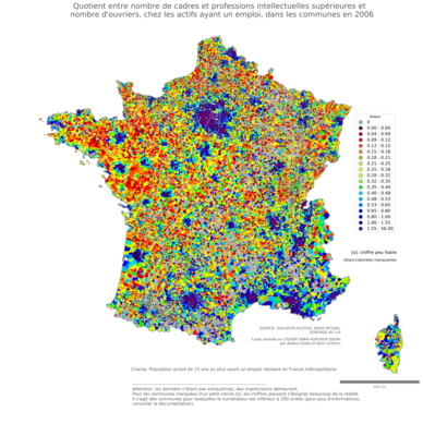 Quotient entre nombre de cadres et professions intellectuelles supérieures et nombre d'ouvriers, chez les actifs ayant un emploi - com2006
Mots-clés: profession;classes supérieures;classes populaires;communes