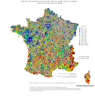 Part de commerçants et assimilés chez les actifs ayant un emploi - com2006
Mots-clés: profession;fonction publique ou indépendance;communes