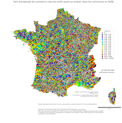 Part d'employés de commerce chez les actifs ayant un emploi - com2006
Mots-clés: profession;classes populaires;communes