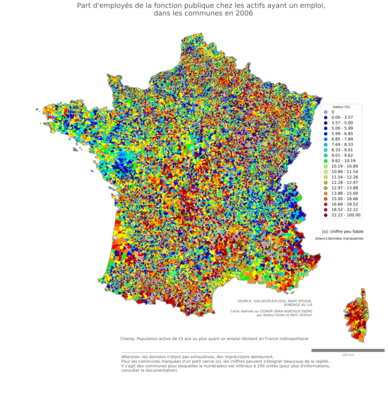 Part d'employés de la fonction publique chez les actifs ayant un emploi - com2006
Mots-clés: profession;classes populaires;fonction publique ou indépendance;communes