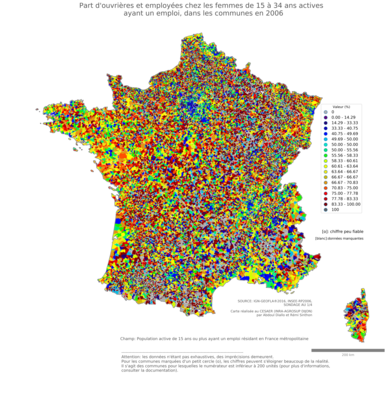 Part d'ouvrières et employées chez les femmes de 15 à 34 ans actives ayant un emploi - com2006
Mots-clés: profession;sexe;femmes;âge;classes populaires;communes