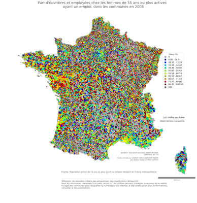 Part d'ouvrières et employées chez les femmes de 55 ans ou plus actives ayant un emploi - com2006
Mots-clés: profession;sexe;femmes;âge;classes populaires;communes