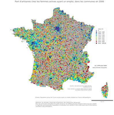 Part d'artisanes chez les femmes actives ayant un emploi - com2006
Mots-clés: profession;sexe;femmes;fonction publique ou indépendance;communes