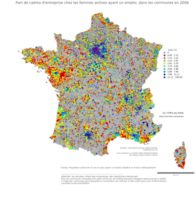 Part de cadres d'entreprise chez les femmes actives ayant un emploi - com2006
Mots-clés: profession;sexe;femmes;classes supérieures;communes