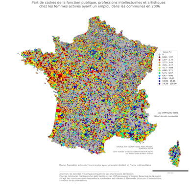 Part de cadres de la fonction publique, professions intellectuelles et artistiques chez les femmes actives ayant un emploi - com2006
Mots-clés: profession;sexe;femmes;classes supérieures;fonction publique ou indépendance;communes