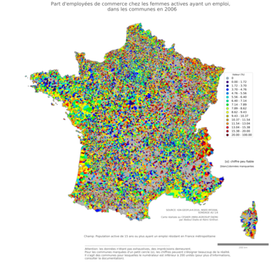 Part d'employées de commerce chez les femmes actives ayant un emploi - com2006
Mots-clés: profession;sexe;femmes;classes populaires;communes