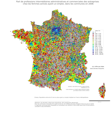 Part de professions intermédiaires administratives et commerciales des entreprises chez les femmes actives ayant un emploi - com2006
Mots-clés: profession;sexe;femmes;communes