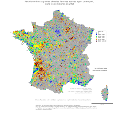 Part d'ouvrières agricoles chez les femmes actives ayant un emploi - com2006
Mots-clés: profession;sexe;femmes;classes populaires;communes