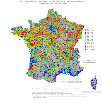 Part d'ouvrières non qualifiées chez les femmes actives ayant un emploi - com2006
Mots-clés: profession;sexe;femmes;classes populaires;communes