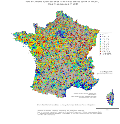 Part d'ouvrières qualifiées chez les femmes actives ayant un emploi - com2006
Mots-clés: profession;sexe;femmes;classes populaires;communes