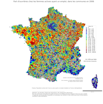 Part d'ouvrières chez les femmes actives ayant un emploi - com2006
Mots-clés: profession;sexe;femmes;classes populaires;communes