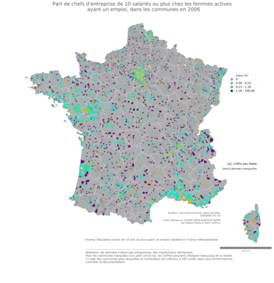 Part de chefs d'entreprise de 10 salariés ou plus chez les femmes actives ayant un emploi - com2006
Mots-clés: profession;sexe;femmes;classes supérieures;fonction publique ou indépendance;communes