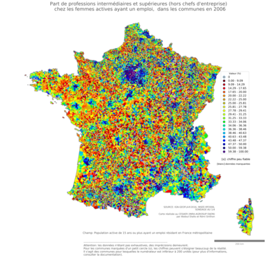 Part de professions intermédiaires et supérieures (hors chefs d'entreprise) chez les femmes actives ayant un emploi - com2006
Mots-clés: profession;sexe;femmes;classes supérieures;communes