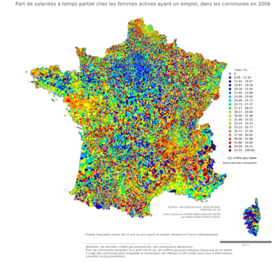 Part de salariées à temps partiel chez les femmes actives ayant un emploi - com2006
Mots-clés: conditions de travail et d-emploi;sexe;femmes;communes