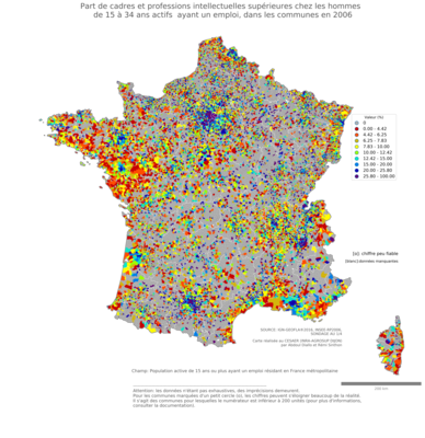 Part de cadres et professions intellectuelles supérieures chez les hommes de 15 à 34 ans actifs ayant un emploi - com2006
Mots-clés: profession;sexe;hommes;âge;classes supérieures;communes