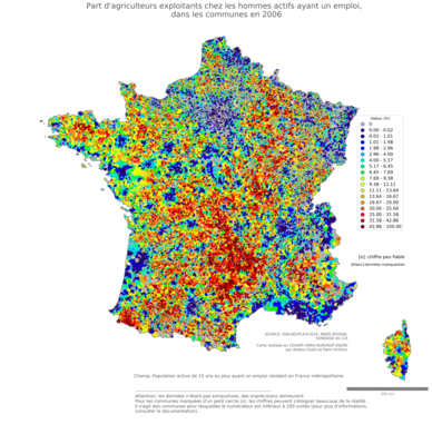 Part d'agriculteurs exploitants chez les hommes actifs ayant un emploi - com2006
Mots-clés: profession;sexe;hommes;fonction publique ou indépendance;communes