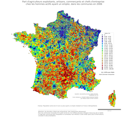 Part d'agriculteurs exploitants, artisans, commerçants et chefs d'entreprise chez les homme actifs ayant un emploi - com2006
Mots-clés: profession;sexe;hommes;fonction publique ou indépendance;communes