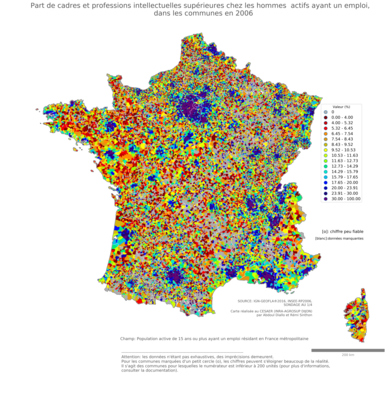 Part de cadres et professions intellectuelles supérieures chez les hommes actifs ayant un emploi - com2006
Mots-clés: profession;sexe;hommes;classes supérieures;communes