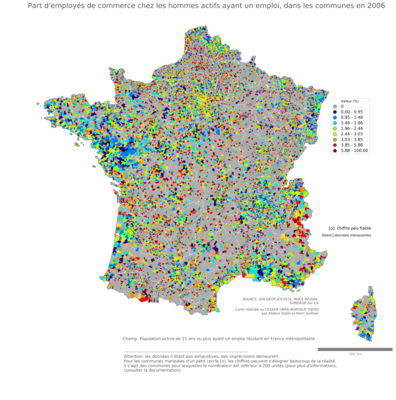 Part d'employés de commerce chez les hommes actifs ayant un emploi - com2006
Mots-clés: profession;sexe;femmes;classes populaires;communes