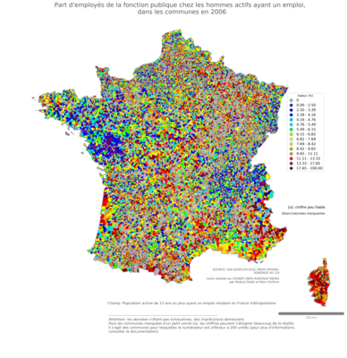 Part d'employés de la fonction publique chez les hommes actifs ayant un emploi - com2006
Mots-clés: profession;sexe;femmes;classes populaires;fonction publique ou indépendance;communes