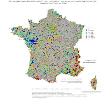 Part de personnels des services directs aux particuliers chez les hommes actifs ayant un emploi - com2006
Mots-clés: profession;sexe;femmes;classes populaires;communes