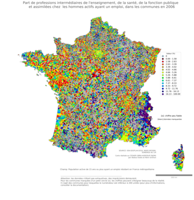 Part de professions intermédiaires de l'enseignement, de la santé, de la fonction publique et assimilées chez les hommes actifs ayant un emploi - com2006
Mots-clés: profession;sexe;femmes;communes