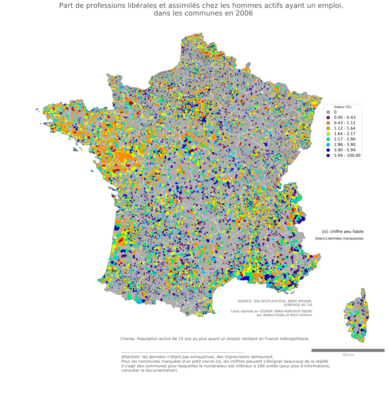 Part de professions libérales et assimilés chez les hommes actifs ayant un emploi - com2006
Mots-clés: profession;sexe;femmes;classes supérieures;communes